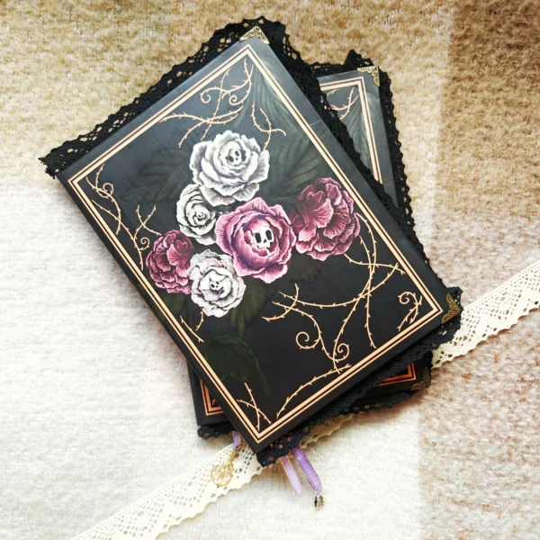 Peony Skulls hardcover lace notebook – 120 dotted pages