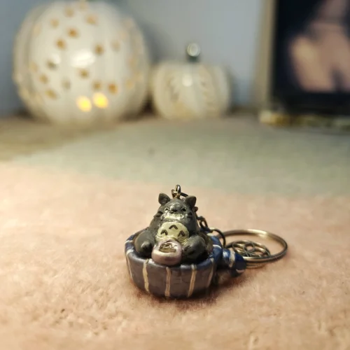 Totoro drinking tea in a teacup – Handmade Clay Keychain
